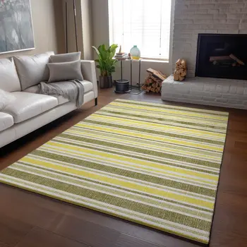 3' X 5' Khaki And Gold Striped Washable Area Rug With UV Protection