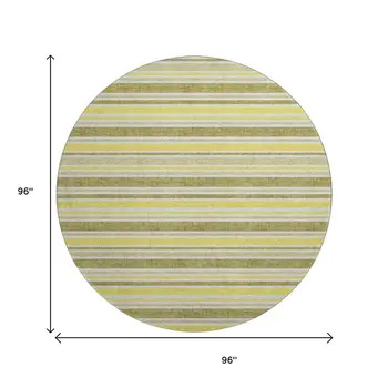 8' Khaki And Gold Striped Washable Round Rug With UV Protection