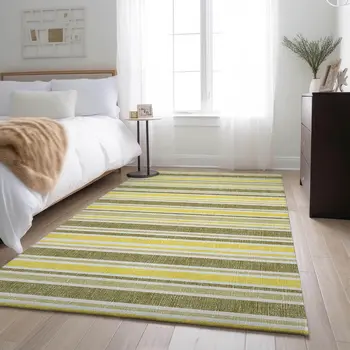 10' X 14' Khaki And Gold Striped Washable Area Rug With UV Protection