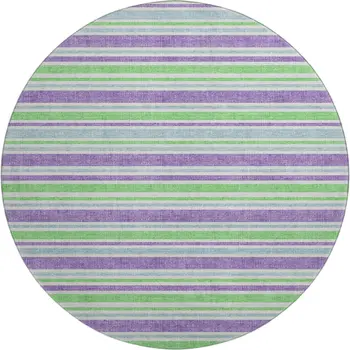 8' Lime Green And Purple Striped Washable Round Rug With UV Protection
