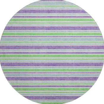 8' Lime Green And Purple Striped Washable Round Rug With UV Protection