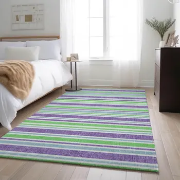 10' X 14' Lime Green And Purple Striped Washable Area Rug With UV Protection