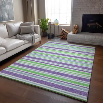 10' X 14' Lime Green And Purple Striped Washable Area Rug With UV Protection