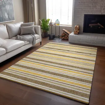 5' X 8' Coffee And Gold Striped Washable Area Rug With UV Protection