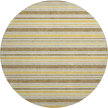 8' Coffee And Gold Striped Washable Round Rug With UV Protection