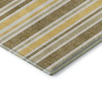 8' Coffee And Gold Striped Washable Round Rug With UV Protection