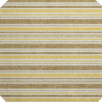 8' Coffee And Gold Striped Washable Round Rug With UV Protection