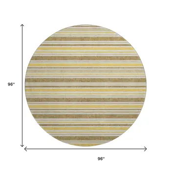 8' Coffee And Gold Striped Washable Round Rug With UV Protection
