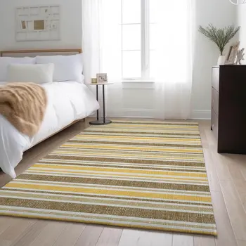 8' X 10' Coffee And Gold Striped Washable Area Rug With UV Protection