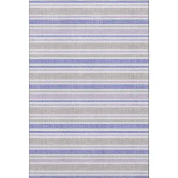 5' X 8' Navy Blue And Lavender Striped Washable Area Rug With UV Protection