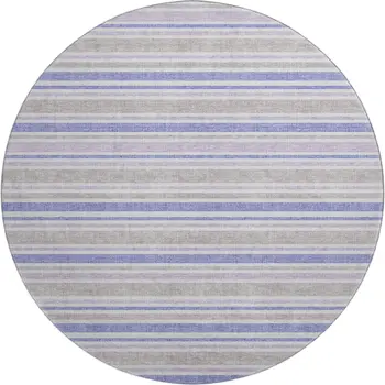 8' Navy Blue And Lavender Striped Washable Round Rug With UV Protection