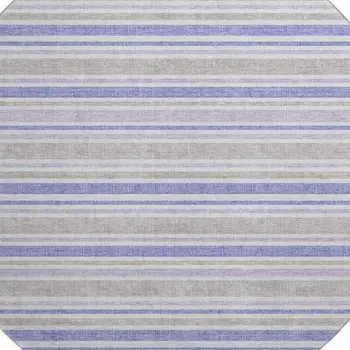 8' Navy Blue And Lavender Striped Washable Round Rug With UV Protection