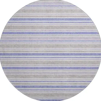 8' Navy Blue And Lavender Striped Washable Round Rug With UV Protection