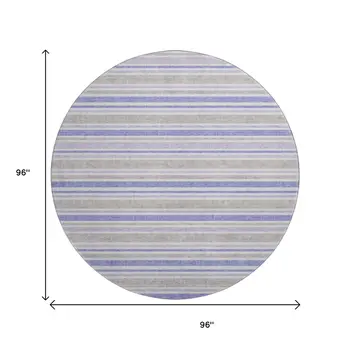 8' Navy Blue And Lavender Striped Washable Round Rug With UV Protection