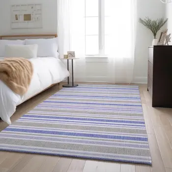 8' X 10' Navy Blue And Lavender Striped Washable Area Rug With UV Protection