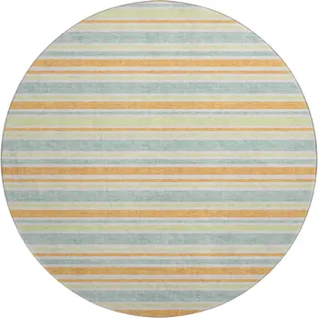 8' Orange Green And Blue Striped Washable Round Rug With UV Protection