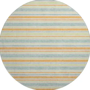 8' Orange Green And Blue Striped Washable Round Rug With UV Protection
