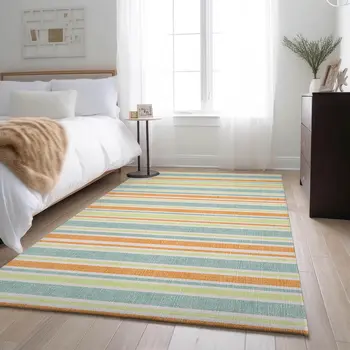 9' X 12' Orange Green And Blue Striped Washable Area Rug With UV Protection