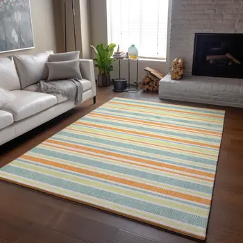 9' X 12' Orange Green And Blue Striped Washable Area Rug With UV Protection