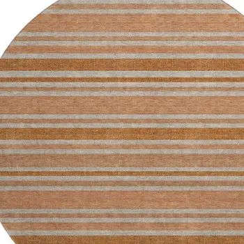 8' Rust And Beige Striped Washable Round Rug With UV Protection
