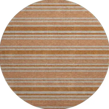 8' Rust And Beige Striped Washable Round Rug With UV Protection