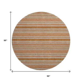8' Rust And Beige Striped Washable Round Rug With UV Protection