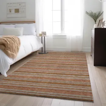 9' X 12' Rust And Beige Striped Washable Area Rug With UV Protection