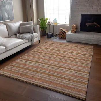 9' X 12' Rust And Beige Striped Washable Area Rug With UV Protection