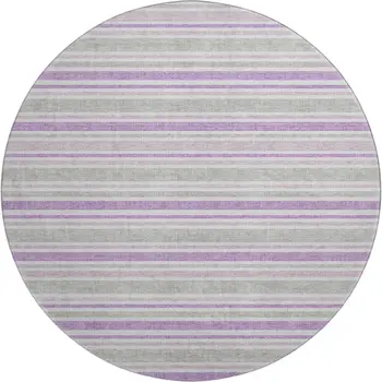 8' Pearl And Purple Striped Washable Round Rug With UV Protection