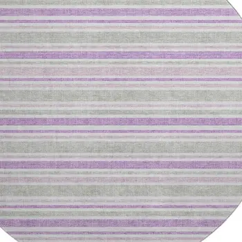 8' Pearl And Purple Striped Washable Round Rug With UV Protection