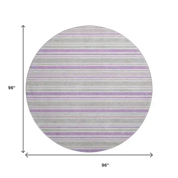 8' Pearl And Purple Striped Washable Round Rug With UV Protection