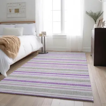 9' X 12' Pearl And Purple Striped Washable Area Rug With UV Protection