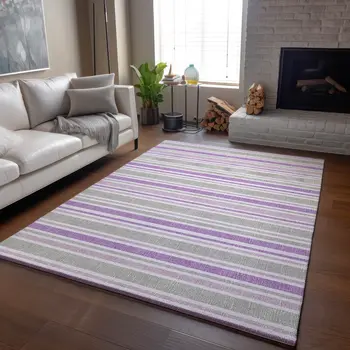 9' X 12' Pearl And Purple Striped Washable Area Rug With UV Protection