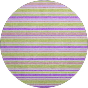 8' Purple Green And Blush Striped Washable Round Rug With UV Protection