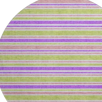 8' Purple Green And Blush Striped Washable Round Rug With UV Protection