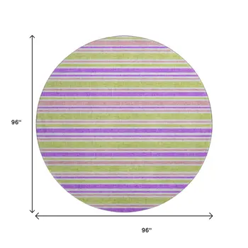 8' Purple Green And Blush Striped Washable Round Rug With UV Protection