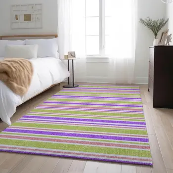 9' X 12' Purple Green And Blush Striped Washable Area Rug With UV Protection