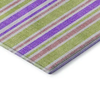 9' X 12' Purple Green And Blush Striped Washable Area Rug With UV Protection