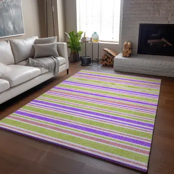 10' X 14' Purple Green And Blush Striped Washable Area Rug With UV Protection