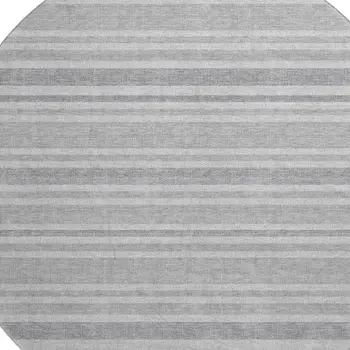 8' Silver And Gray Striped Washable Round Rug With UV Protection