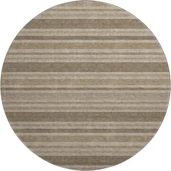 8' Taupe And Beige Striped Washable Round Rug With UV Protection