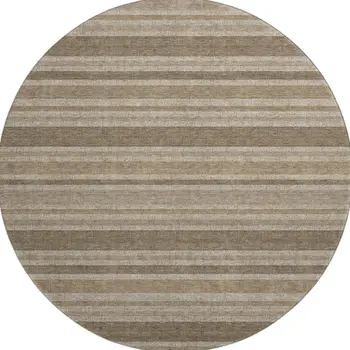8' Taupe And Beige Striped Washable Round Rug With UV Protection
