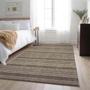 8' X 10' Taupe And Beige Striped Washable Area Rug With UV Protection
