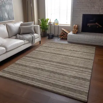 9' X 12' Taupe And Beige Striped Washable Area Rug With UV Protection