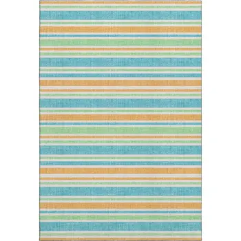 5' X 8' Teal And Orange Striped Washable Area Rug With UV Protection