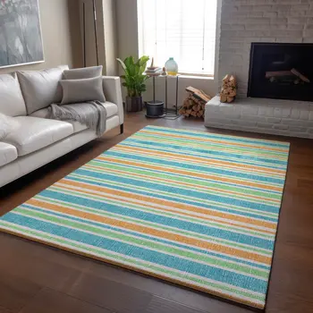 5' X 8' Teal And Orange Striped Washable Area Rug With UV Protection