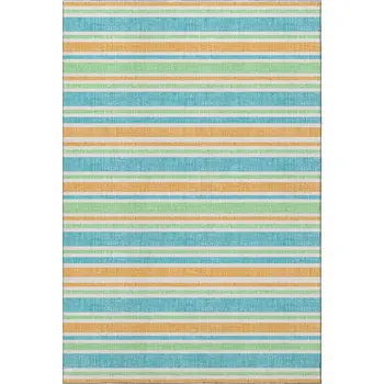 5' X 8' Teal And Orange Striped Washable Area Rug With UV Protection