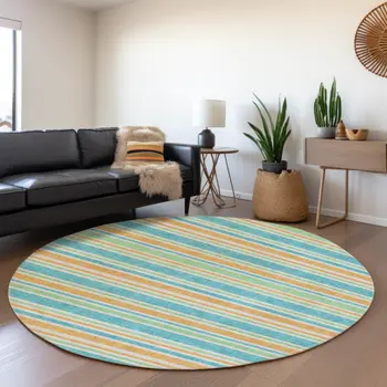 8' Teal And Orange Striped Washable Round Rug With UV Protection