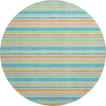 8' Teal And Orange Striped Washable Round Rug With UV Protection
