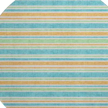 8' Teal And Orange Striped Washable Round Rug With UV Protection